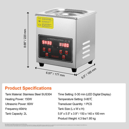 Ultrasone reiniger 1.3L RVS met verwarming