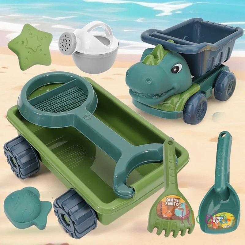 Zandspeelset dinosaurus met dumptruck schep hark gieter vormpjes