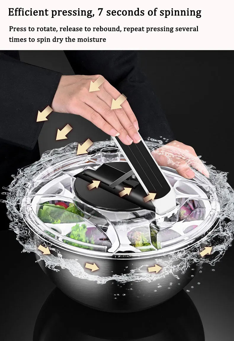 Saladespinner van roestvrij staal met pers en afwatering