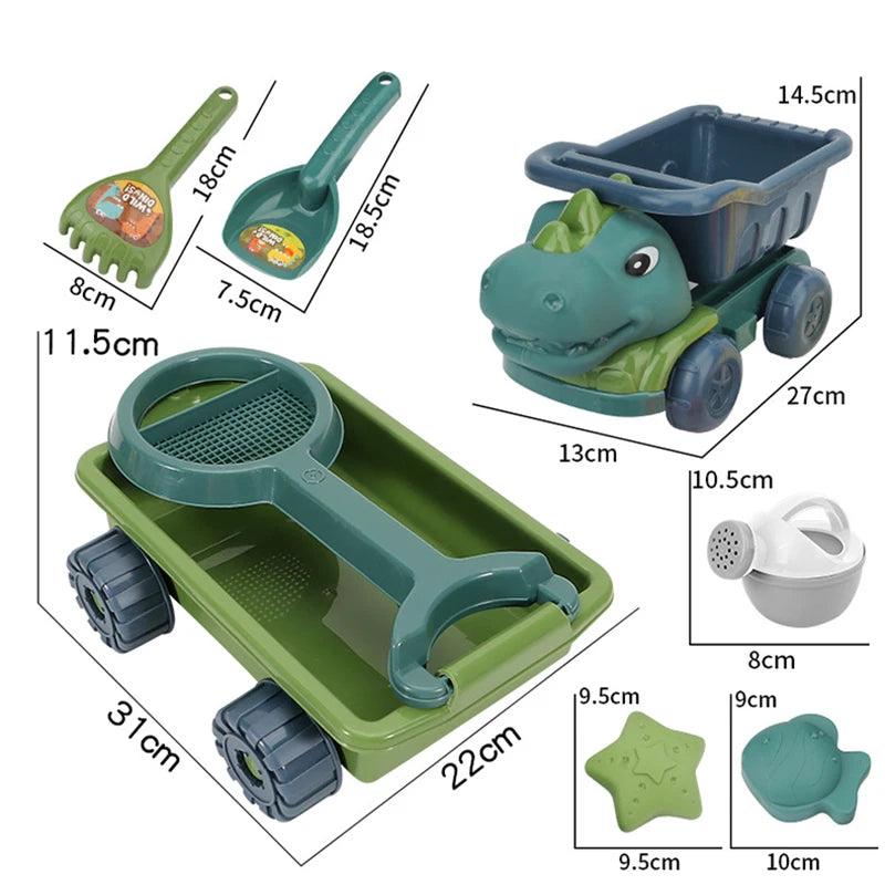 Zandspeelset dinosaurus met dumptruck schep hark gieter vormpjes