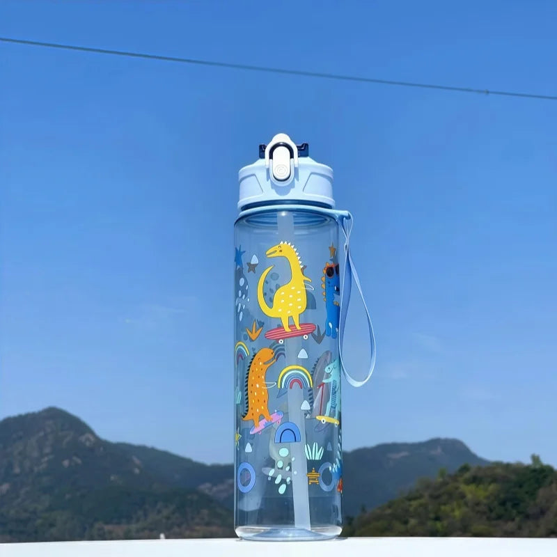 Waterfles 750 ml dinosaurus met rietje