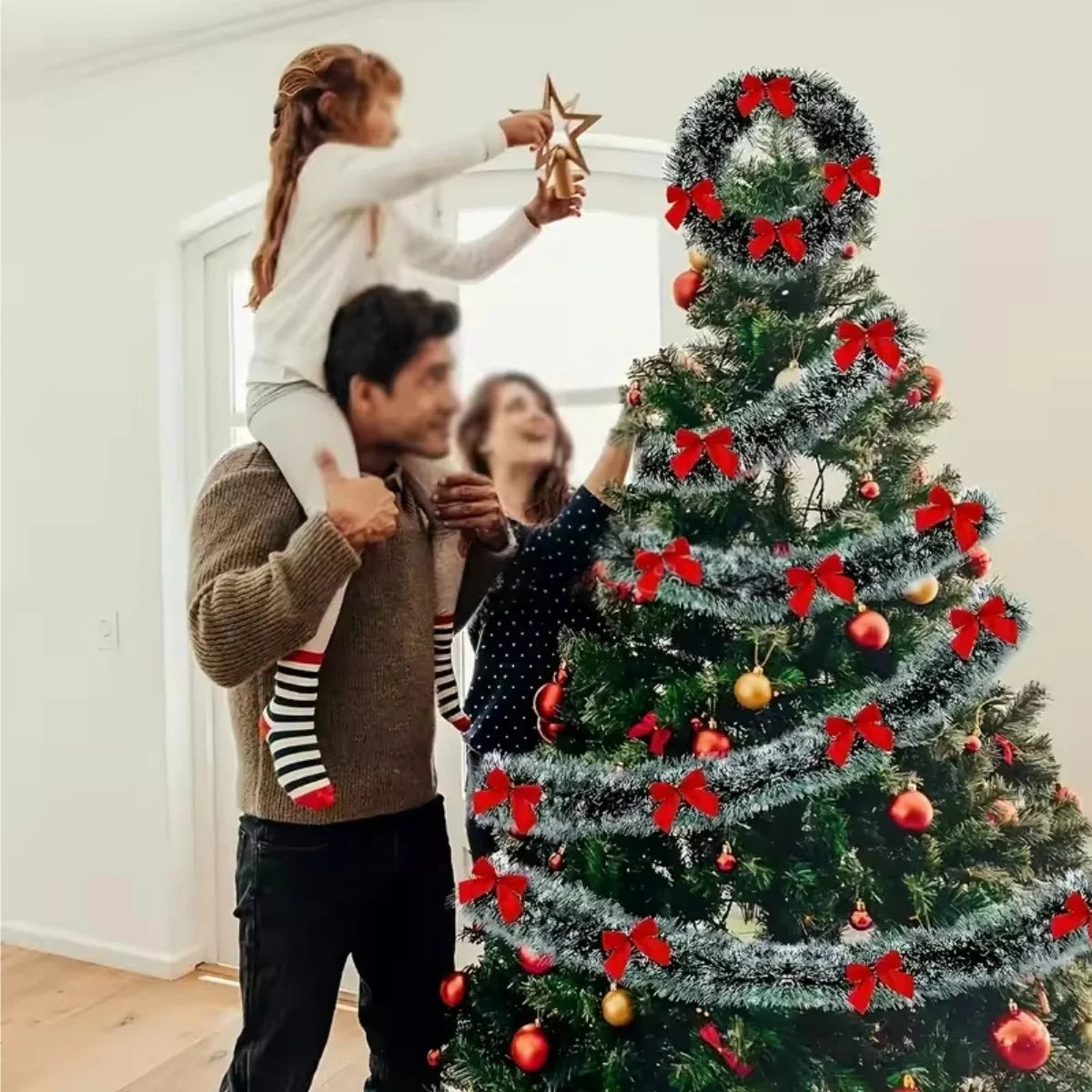 Kerstslinger groen tinsel met strikjes