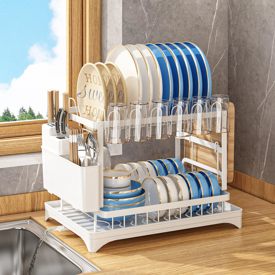 2-Tier Dish Rack with Drainboard, Cutlery and Cup Holder, Swivel Spout