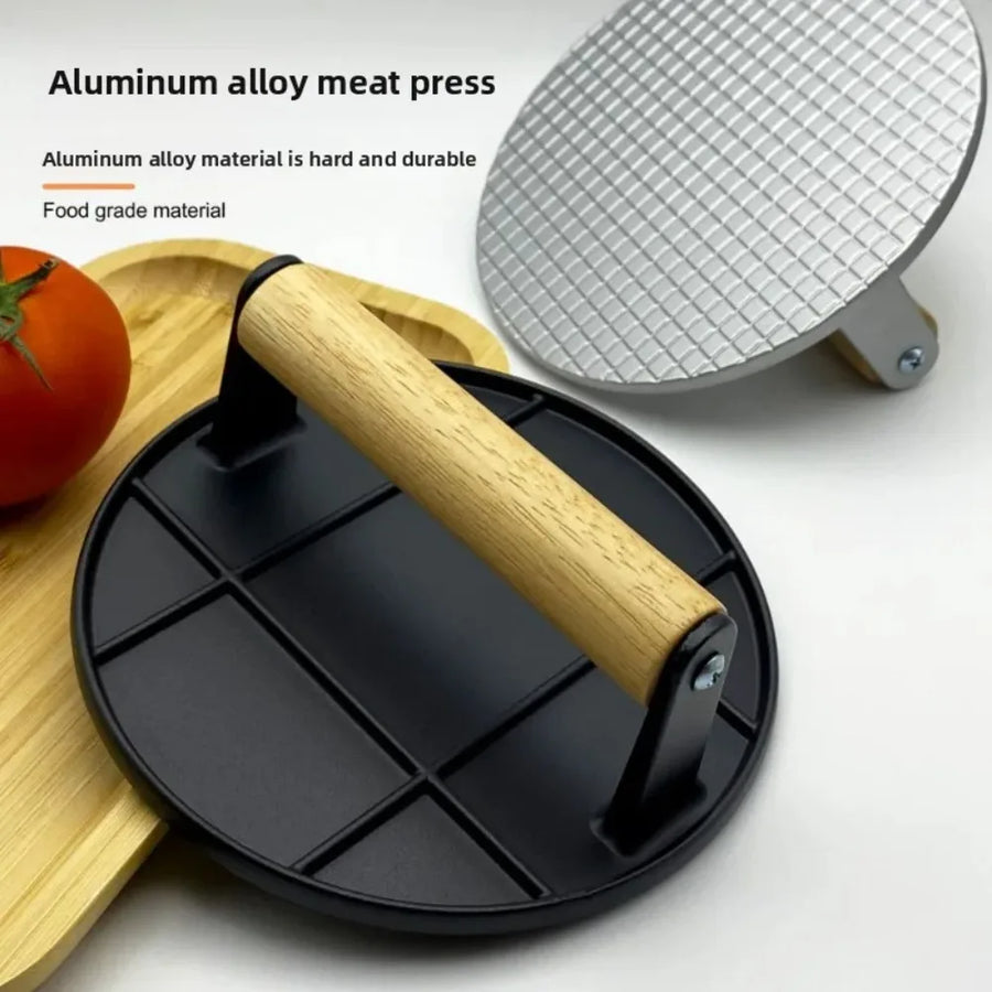 Aluminum Burger Press with Wooden Handle - Round and Non-stick