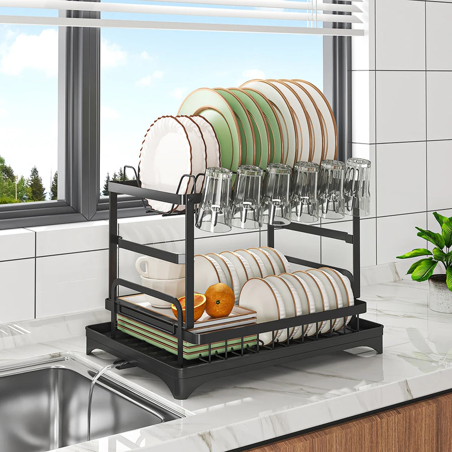 2-Tier Dish Rack with Drainboard, Cutlery and Cup Holder, Swivel Spout
