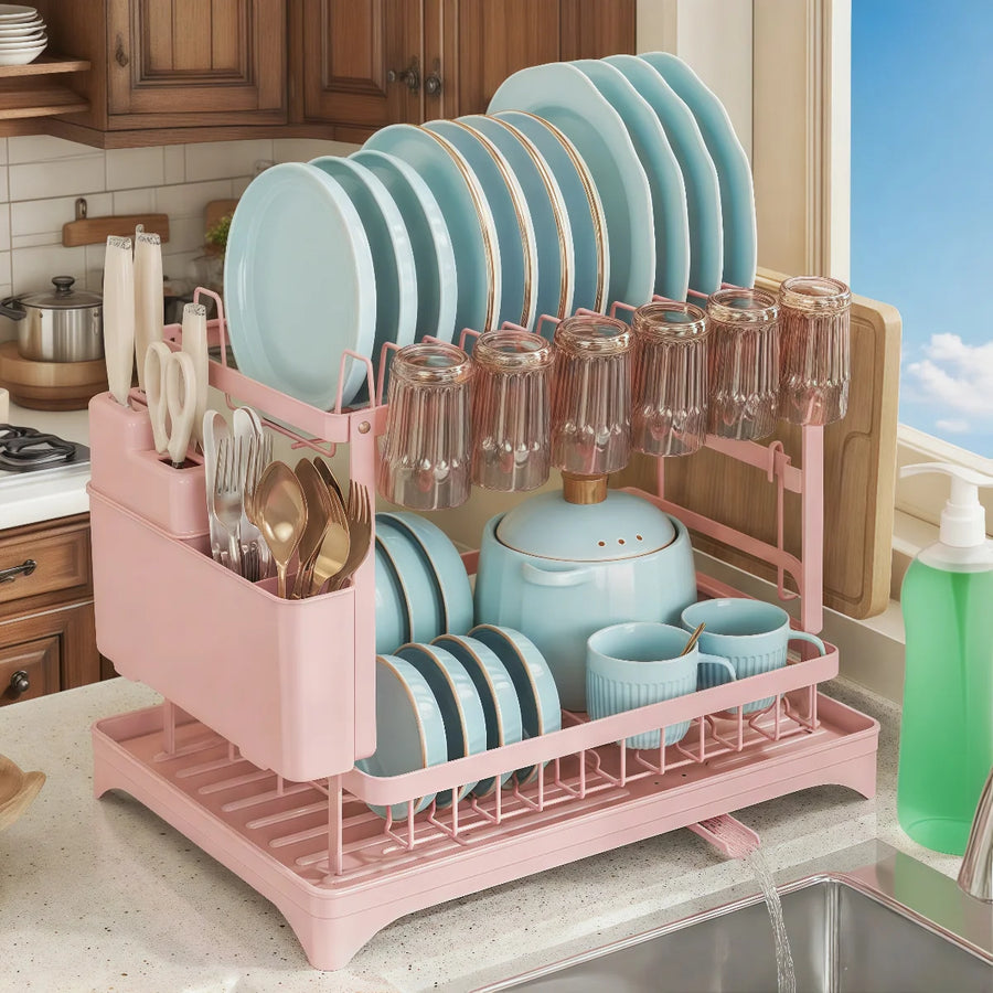 2-Tier Dish Rack with Drainboard, Cutlery and Cup Holder, Swivel Spout