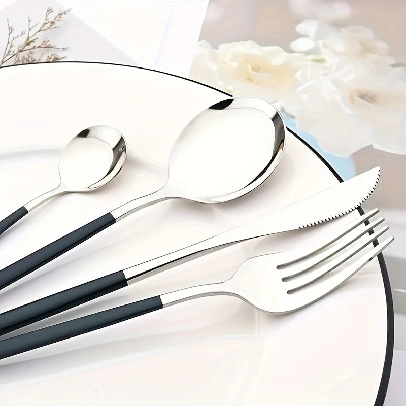 24-delige Roestvrijstalen Bestekset Zilver Zwart met Spiegelglans