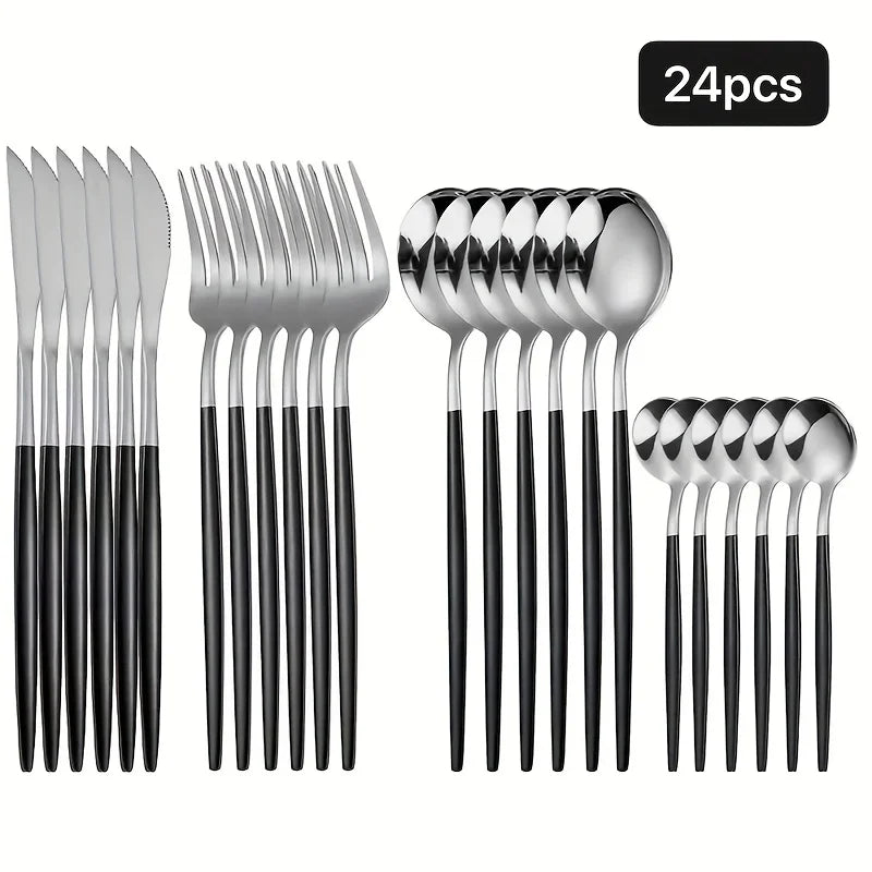 24-delige Roestvrijstalen Bestekset Zilver Zwart met Spiegelglans