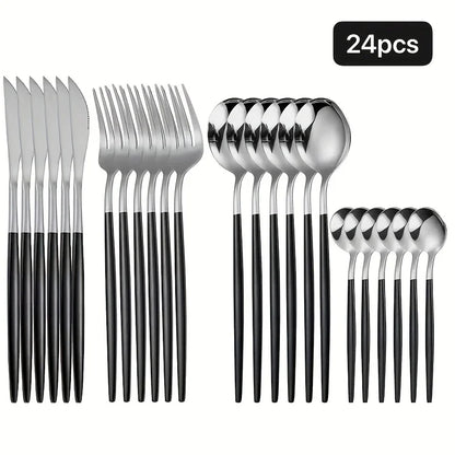 24-delige Roestvrijstalen Bestekset Zilver Zwart met Spiegelglans
