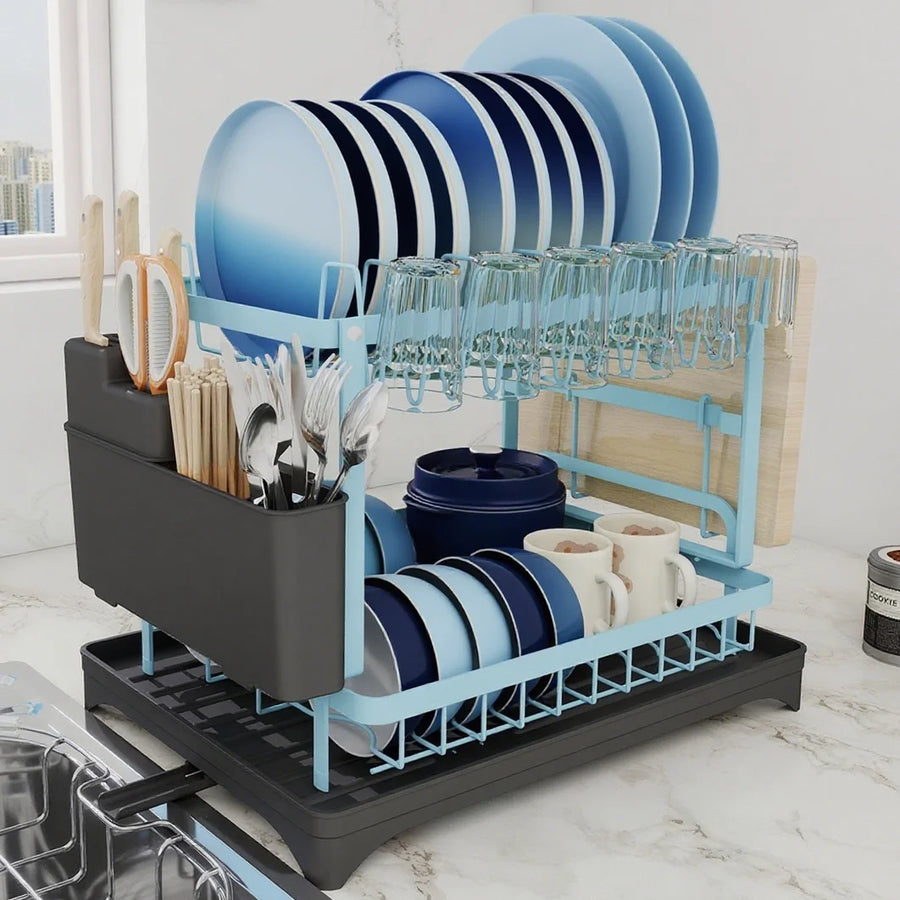 2-Tier Dish Rack with Drainboard, Cutlery and Cup Holder, Swivel Spout
