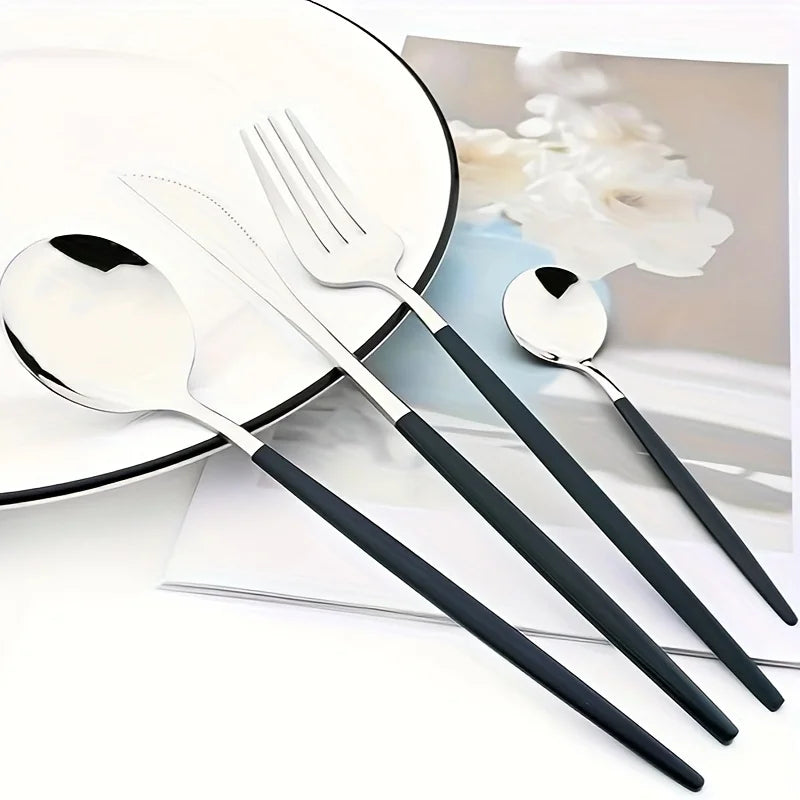 24-delige Roestvrijstalen Bestekset Zilver Zwart met Spiegelglans
