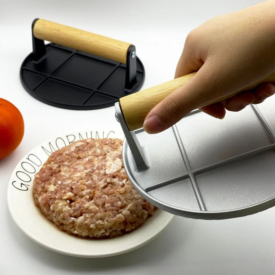 Aluminum Burger Press with Wooden Handle - Round and Non-stick