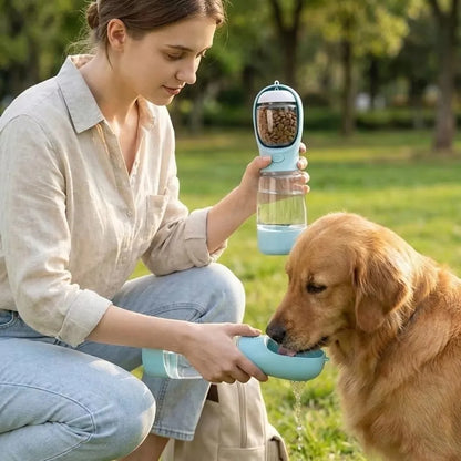 Hondenwaterfles 400ml met voerbakje en poepzakjeshouder