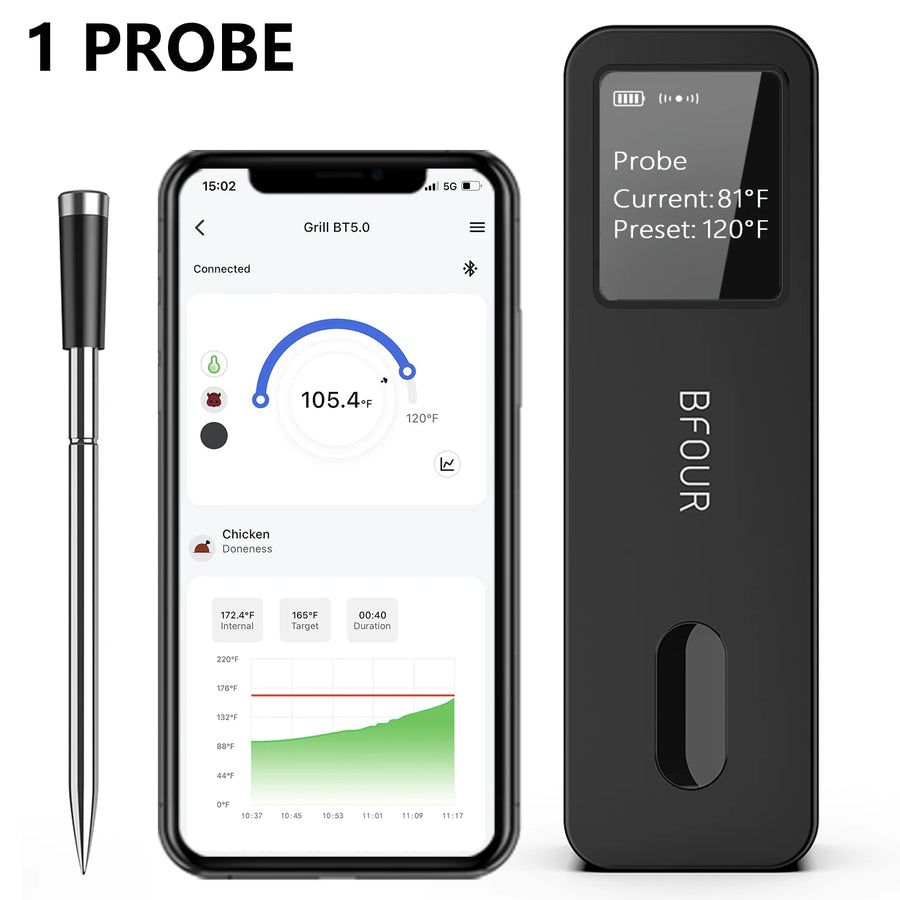 Wireless Bluetooth Meat Thermometer with LCD Screen and Rechargeable Battery