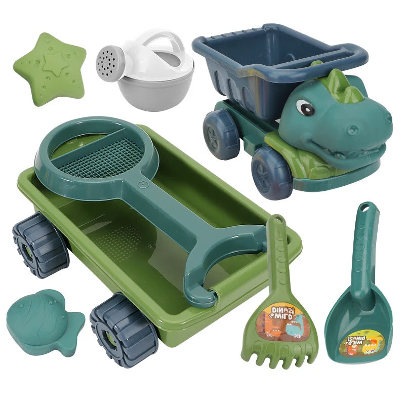Zandspeelset dinosaurus met dumptruck schep hark gieter vormpjes