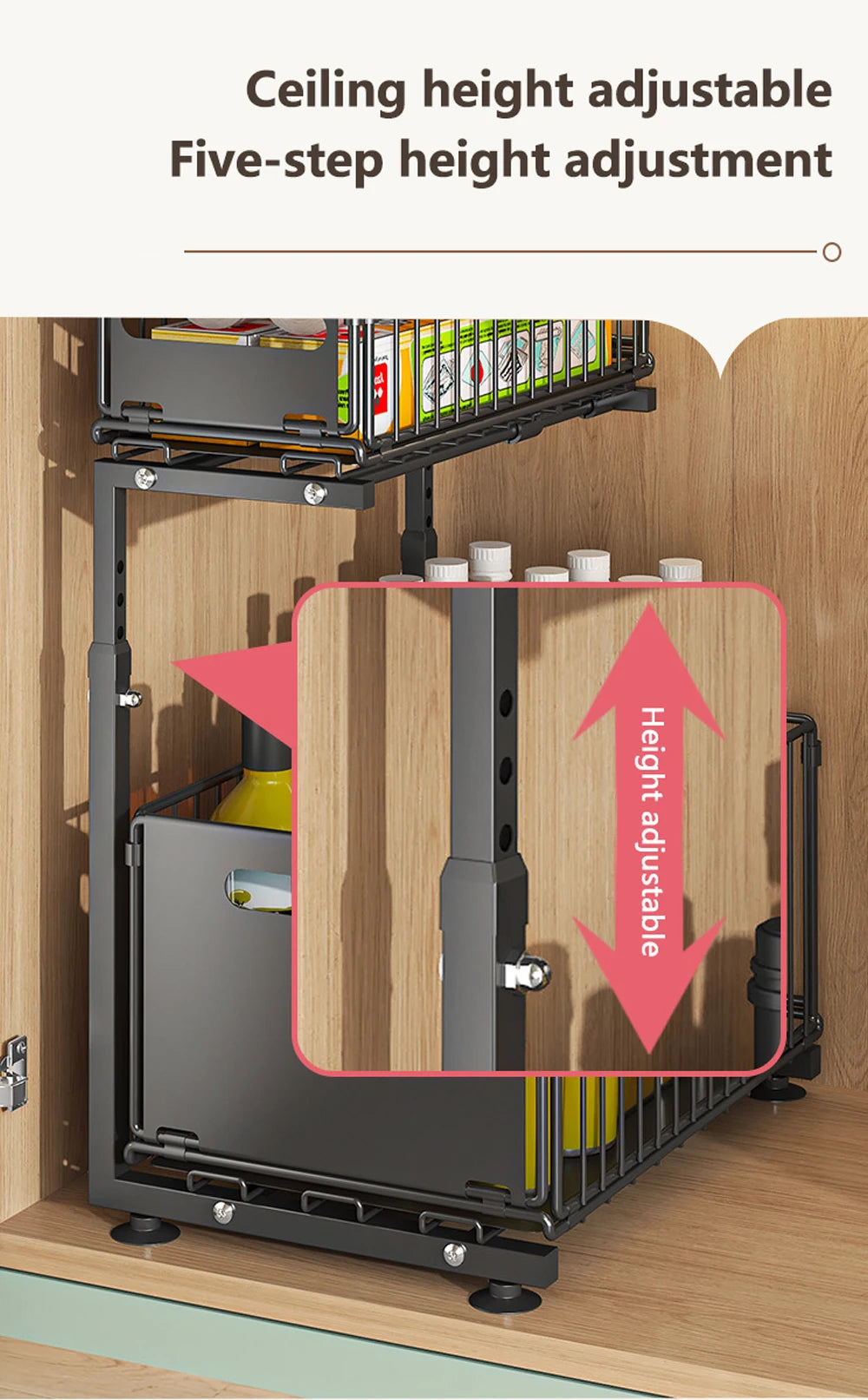 Uitschuifbare kastorganizer met dubbele laag voor potjes en flessen