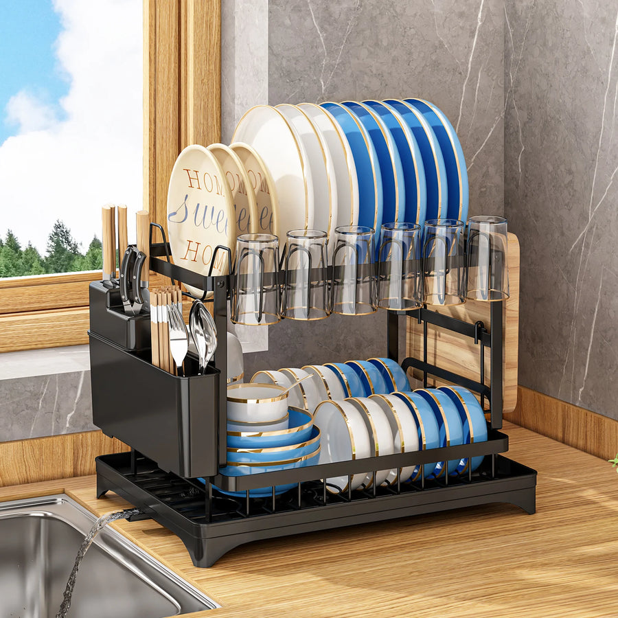 2-Tier Dish Rack with Drainboard, Cutlery and Cup Holder, Swivel Spout