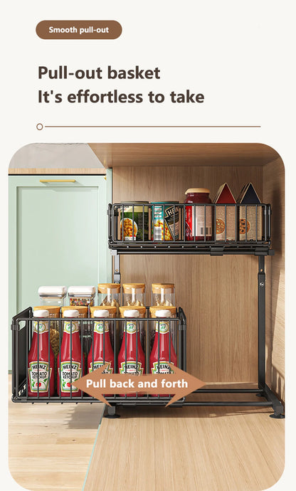 Uitschuifbare kastorganizer met dubbele laag voor potjes en flessen