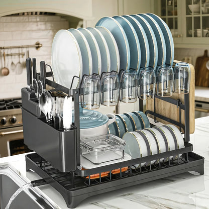 Afwasrek 2 Laags met Afdruipvlak, Bestek- en Bekerhouder, Draaibare Afvoer