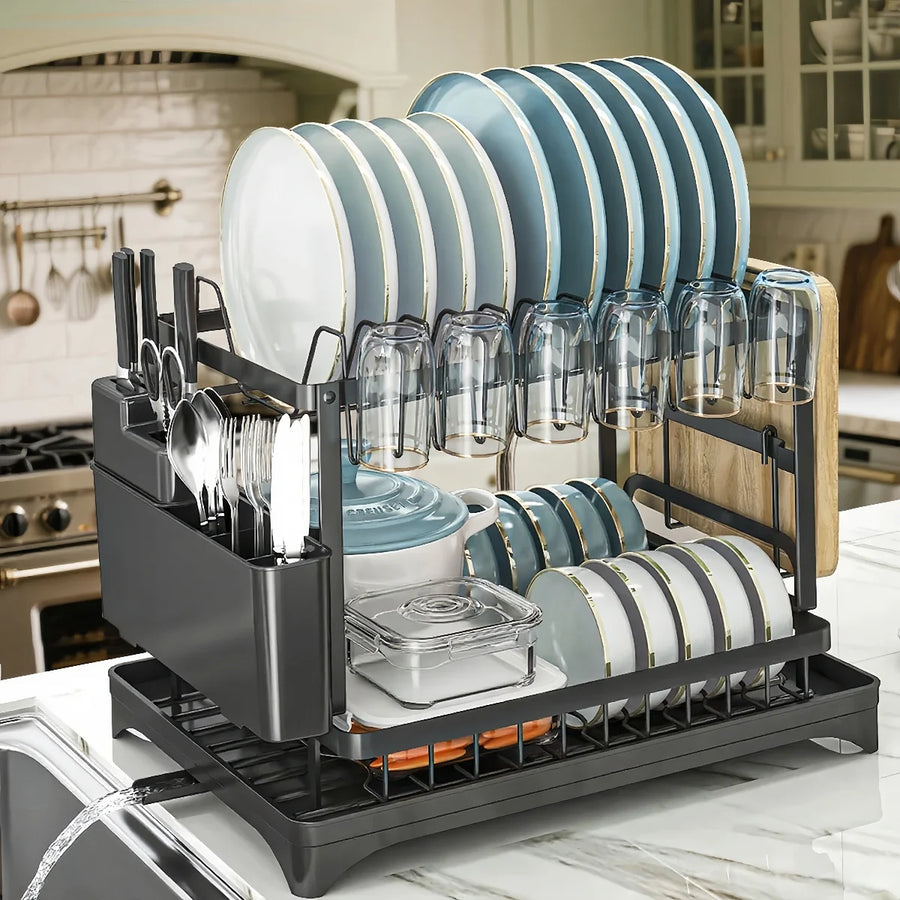 2-Tier Dish Rack with Drainboard, Cutlery and Cup Holder, Swivel Spout
