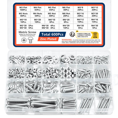 600-delige Assortiment Kit met Metrische Machineschroeven, Moeren en Ringen (M3-M6)