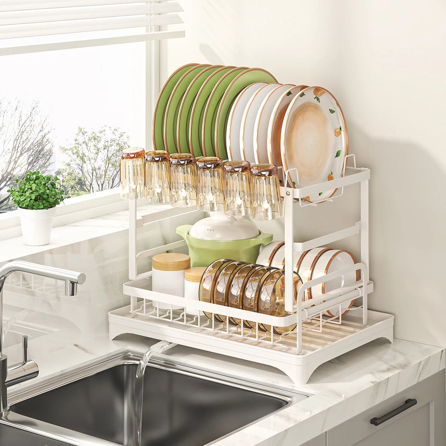 2-Tier Dish Rack with Drainboard, Cutlery and Cup Holder, Swivel Spout