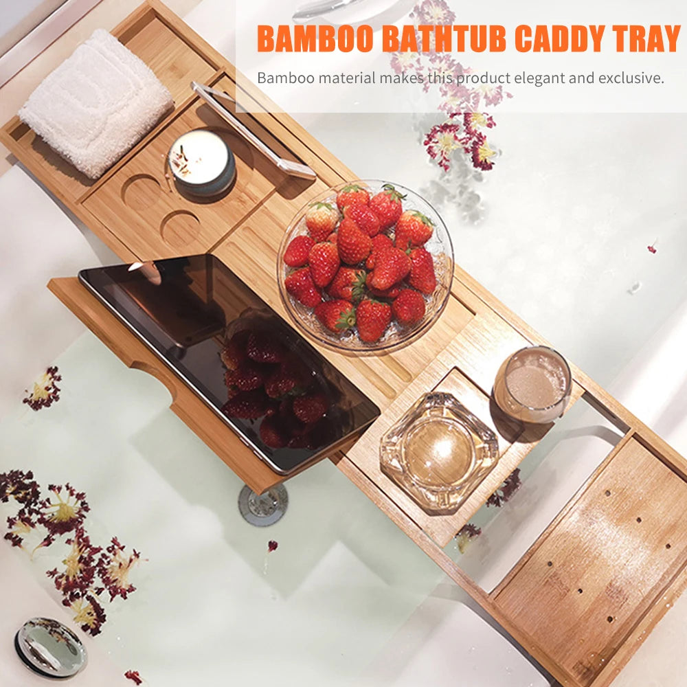 Uitschuifbare Badplank van Bamboe met Leesrek en Wijnhouder