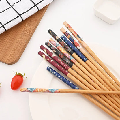 Huismerken Handgemaakte Bamboe Eetstokjes Set Vijf Paren Met Bloemenmotief Multikleur Voor Sushi Liefhebbers