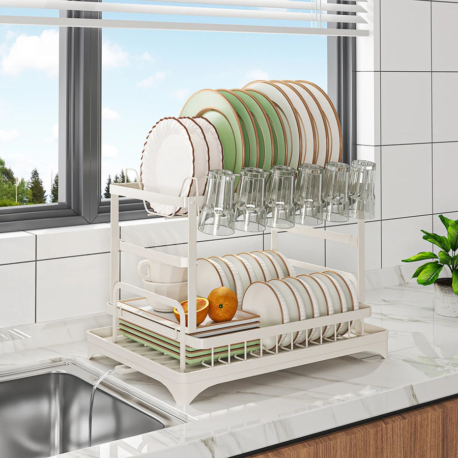 2-Tier Dish Rack with Drainboard, Cutlery and Cup Holder, Swivel Spout