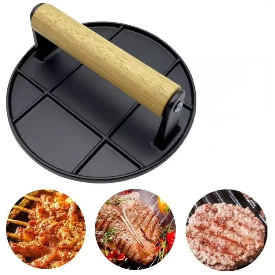 Aluminum Burger Press with Wooden Handle - Round and Non-stick