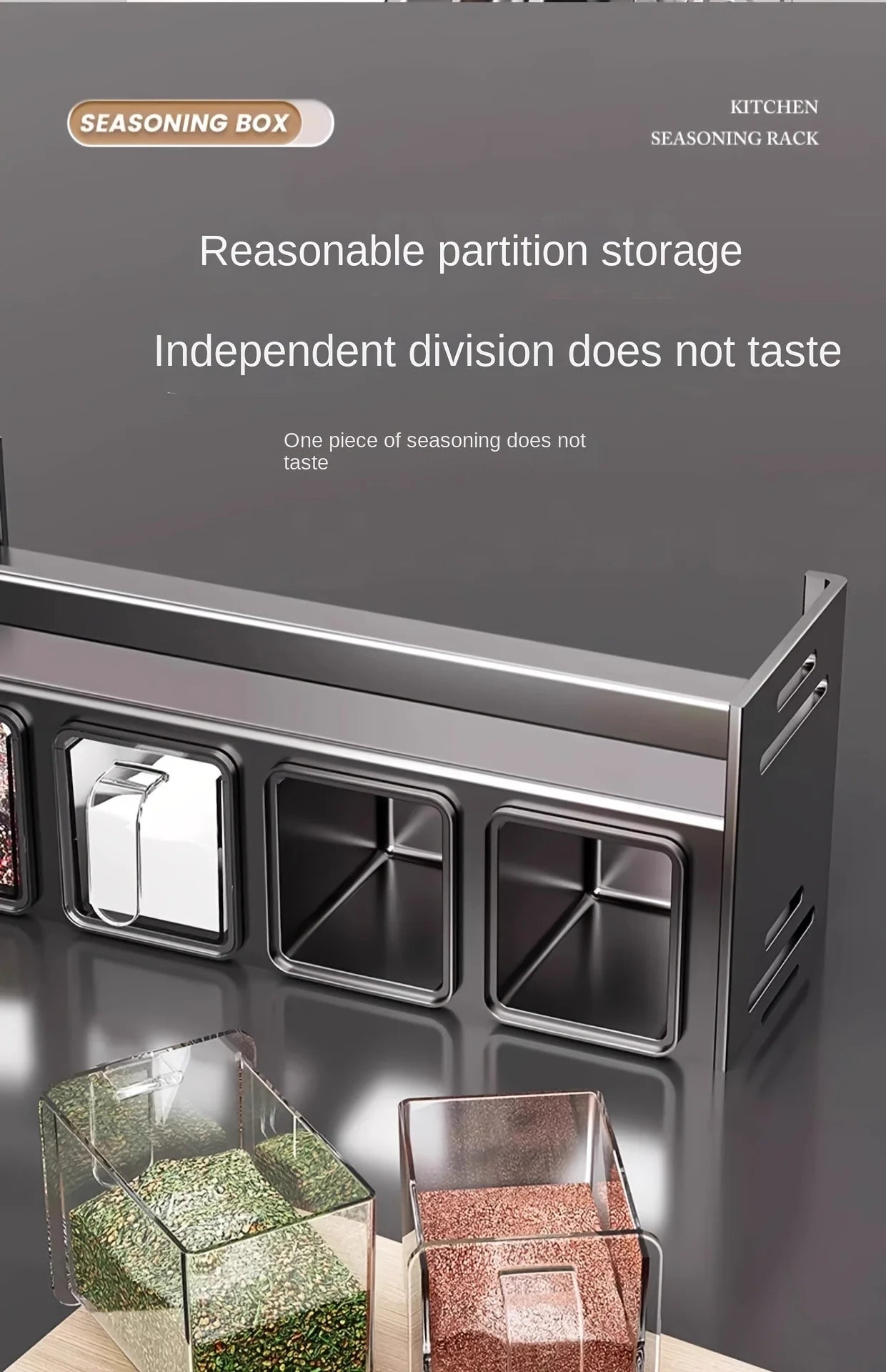 Kruidenrek met afsluitbare containers en distributeurs voor wandmontage zonder boren