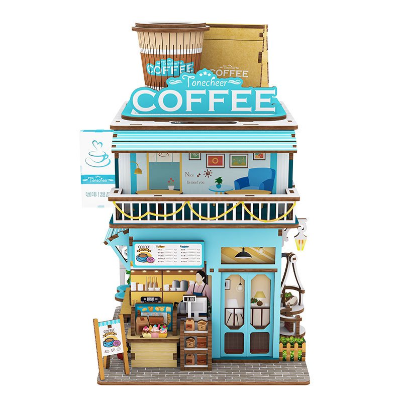 Tonecheer Coffee Shop 3D Wooden Puzzle Desk Bin 15x14x23