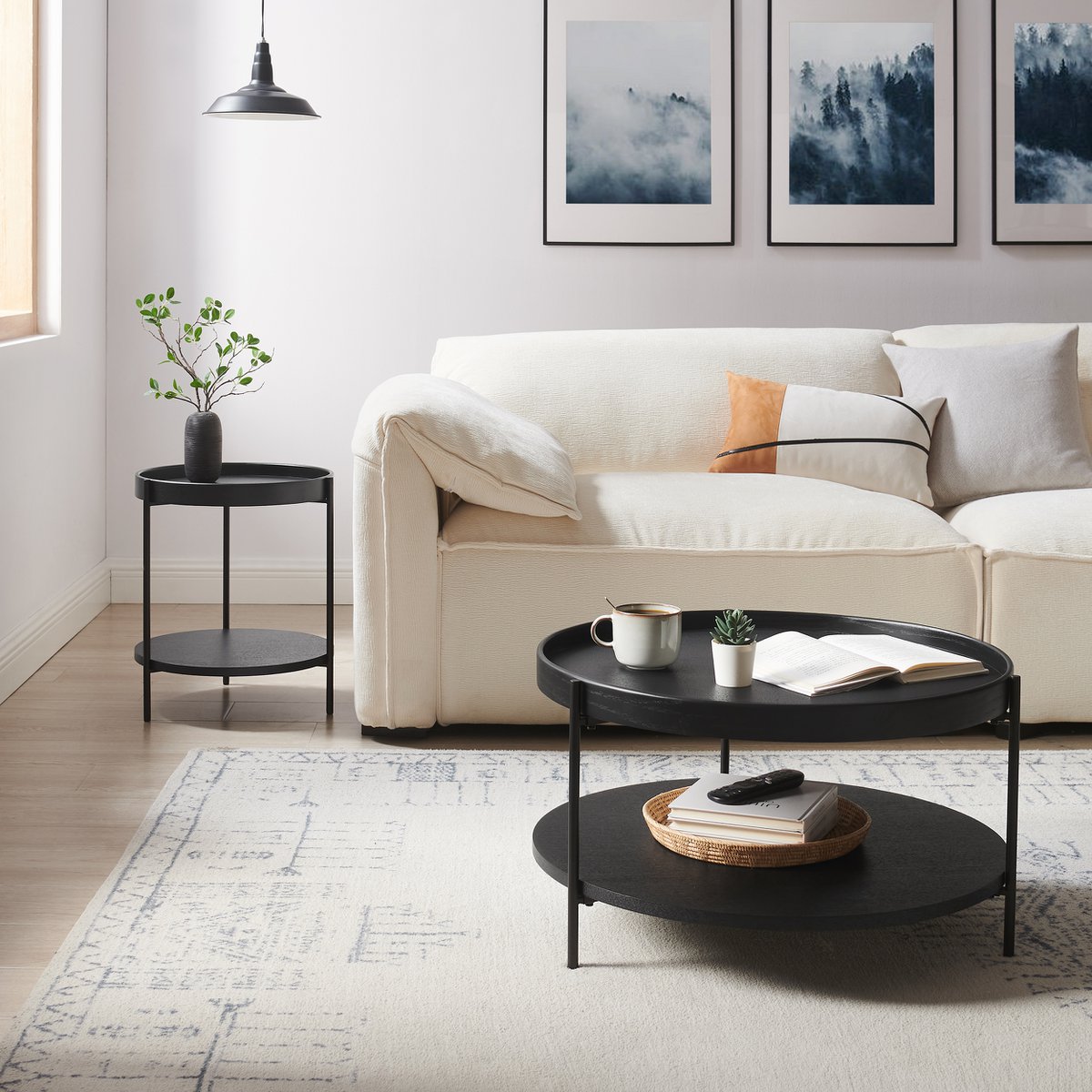 Salontafel rond Ø 69 cm zwart MDF essenhoutfineer