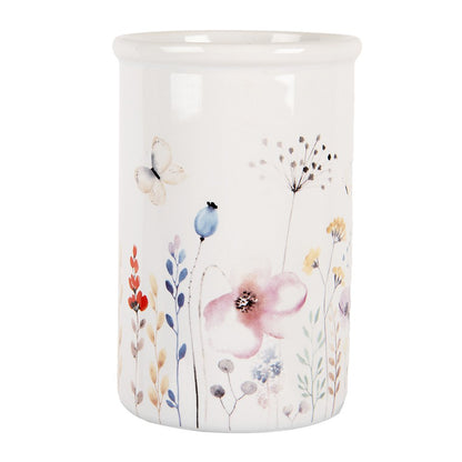 Tandenborstelhouder 8x12 cm wit keramiek bloemenmotief