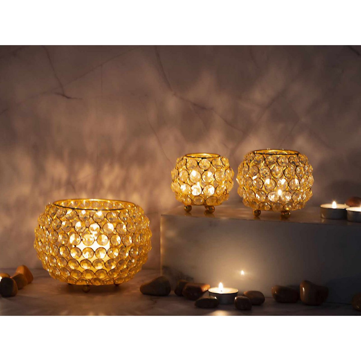 Tealight houder set 3 delig kristal goud zilver