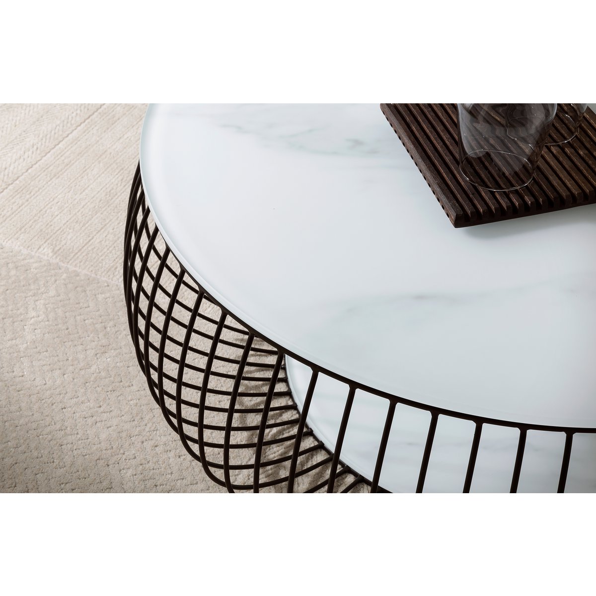 Salontafel rond 86 cm zwart wit glas metaal
