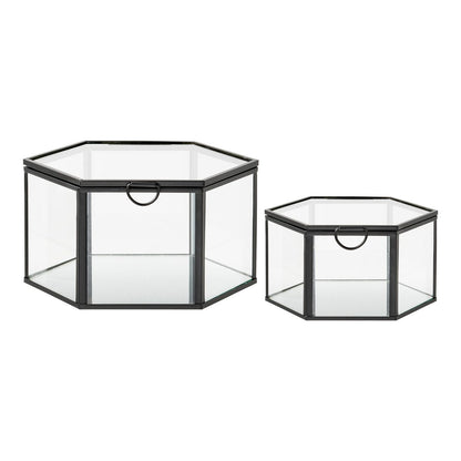 Opbergbox set van 2 glas metaal helder zwart