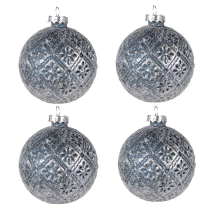 Kerstbal 8 cm glas blauw zilver set van 4