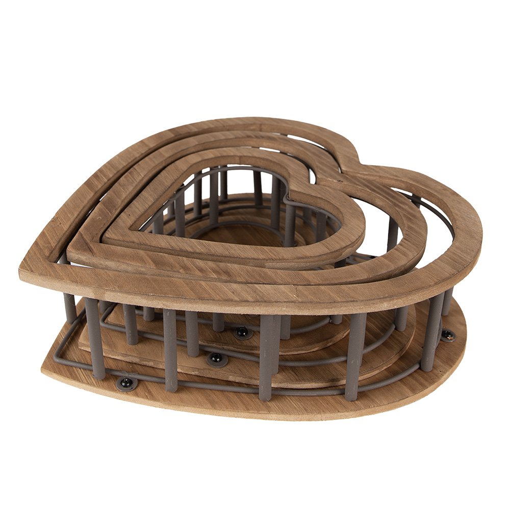 Opbergmand set van 3 hartvormig hout bruin