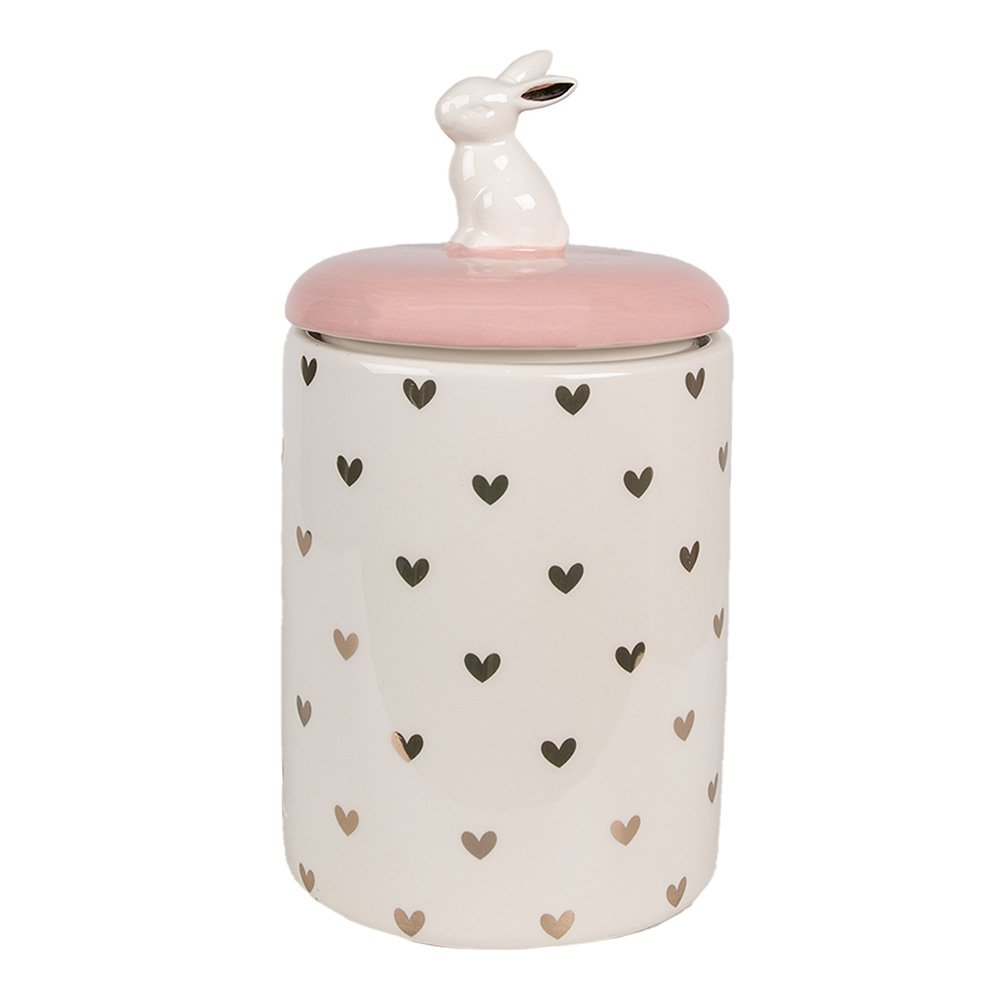 Voorraadpot Konijn Ø 13x30 cm Roze Wit Keramiek Hartjes Voorraadpot Deksel