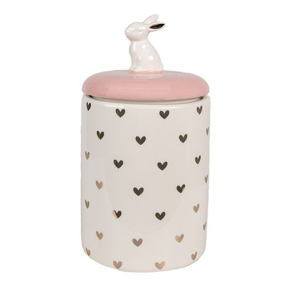 Voorraadpot Konijn Ø 13x30 cm Roze Wit Keramiek Hartjes Voorraadpot Deksel