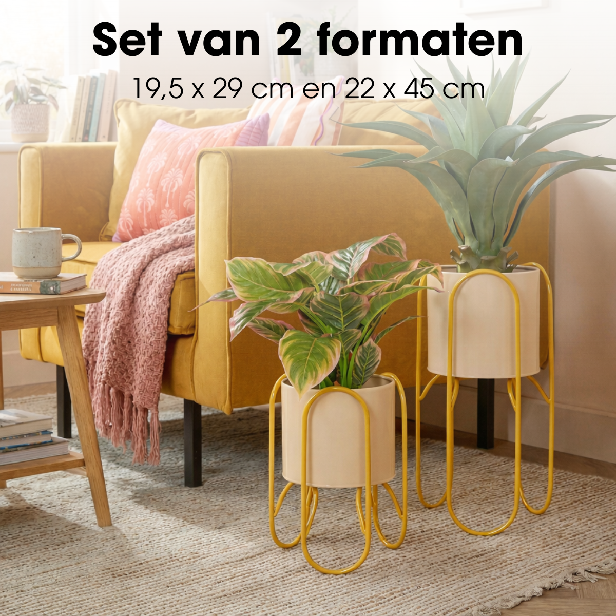 Bloempot op standaard set van 2 geel metaal