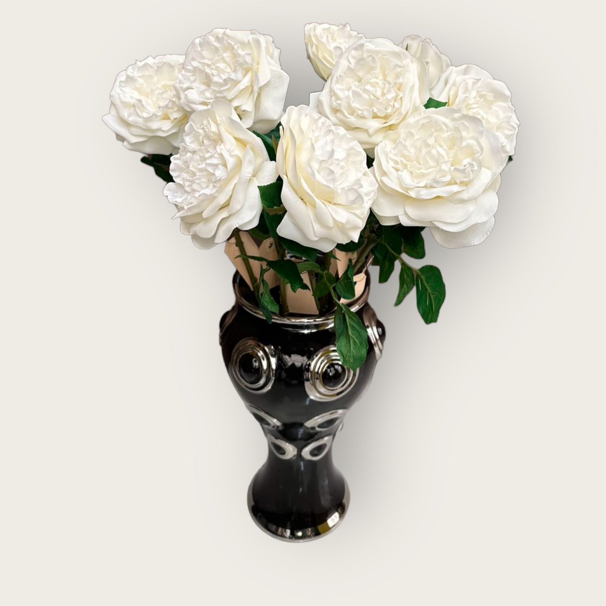 Vaas 36 cm zwart goud wit met bloemen