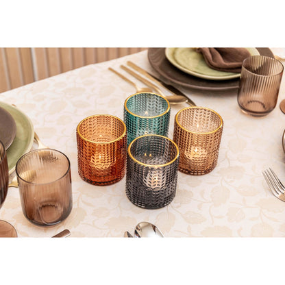 Kandelaars glas 8x8x9 cm set van 4 gekleurd met gouden rand