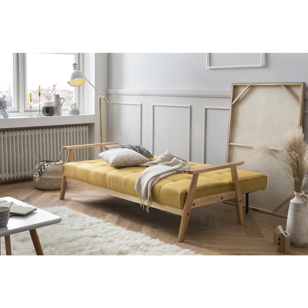 Slaapbank 190x85x81 cm structuurstof mosterdgeel