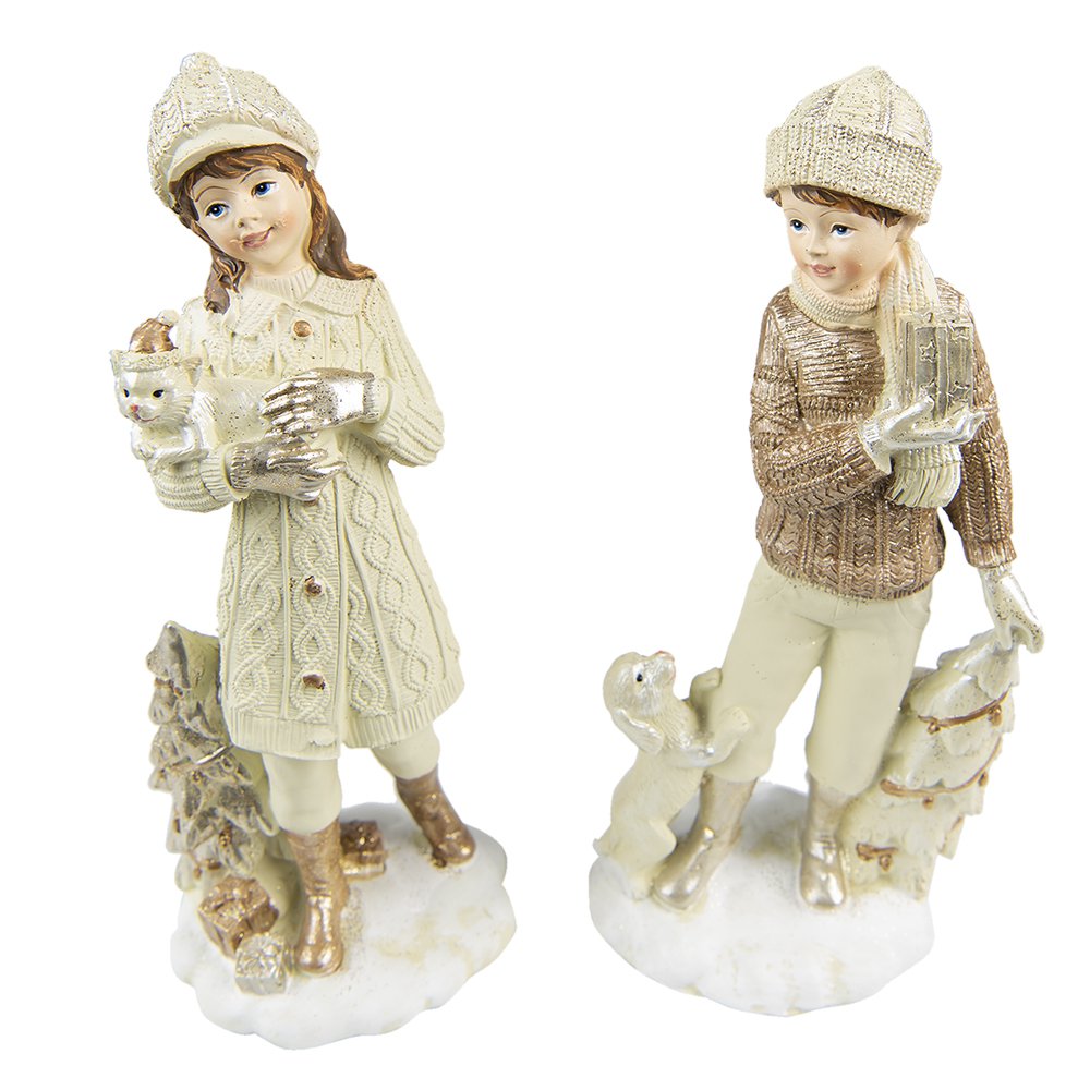Beeld set 2 kinderen 22 cm beige polyresin