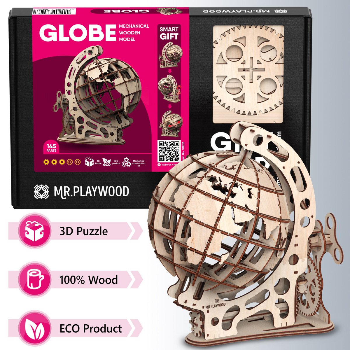 Mr. Playwood 3D Wooden Puzzle Globe, 10202, 34.5x24x37.5cm.