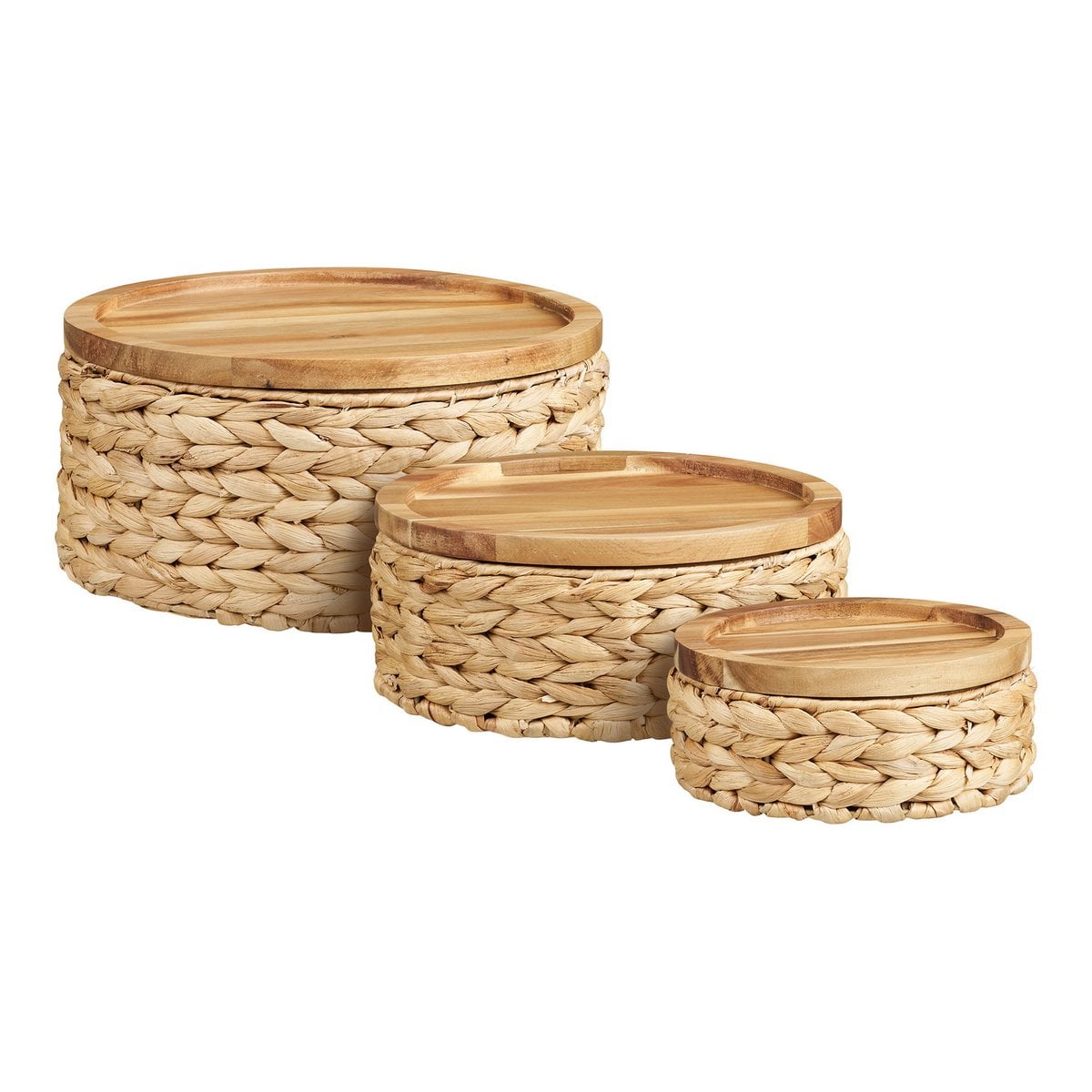 Botofte Manden met houten deksel, waterhyacint, naturel, set van 3