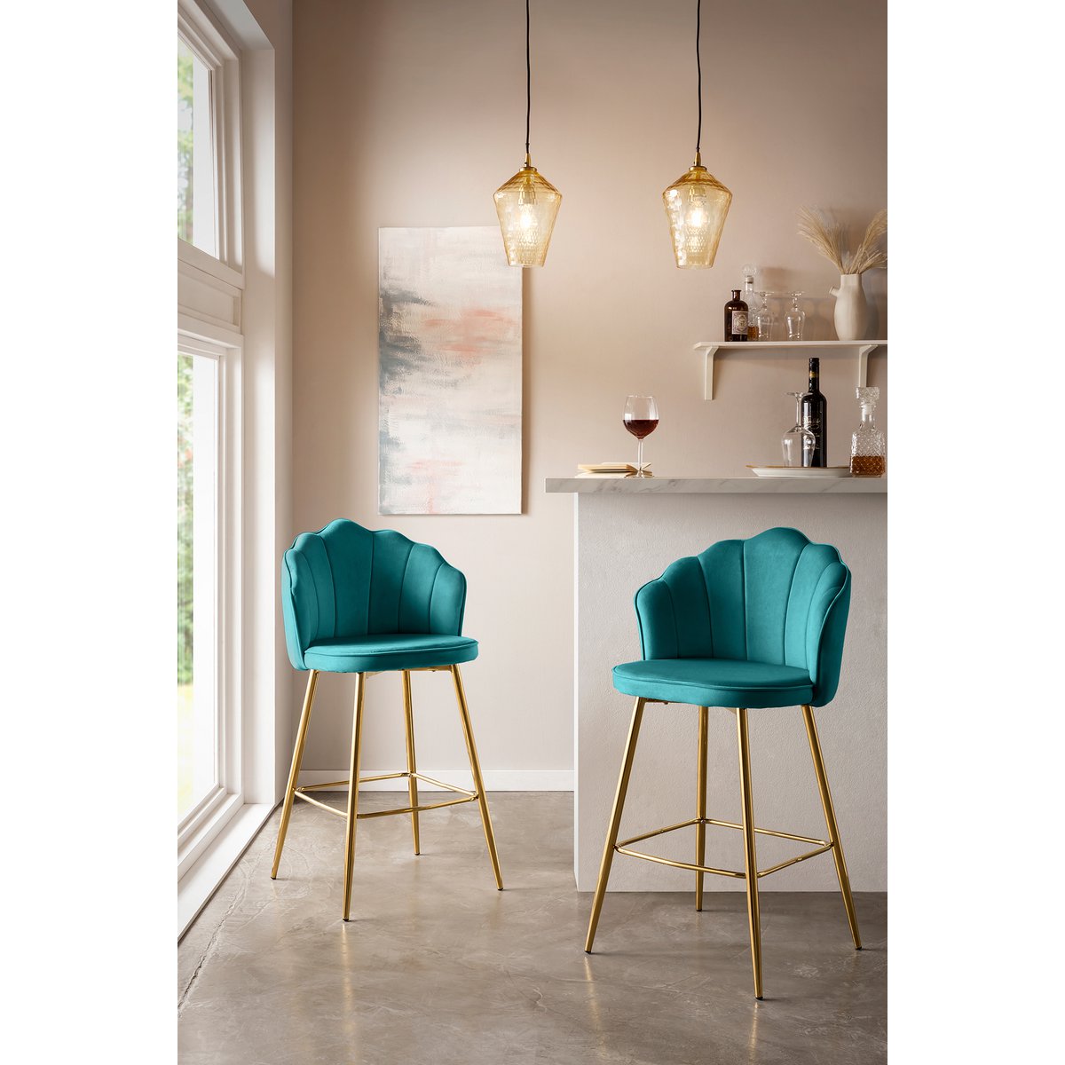 Barkruk Shell Design fluweel groen set van 2