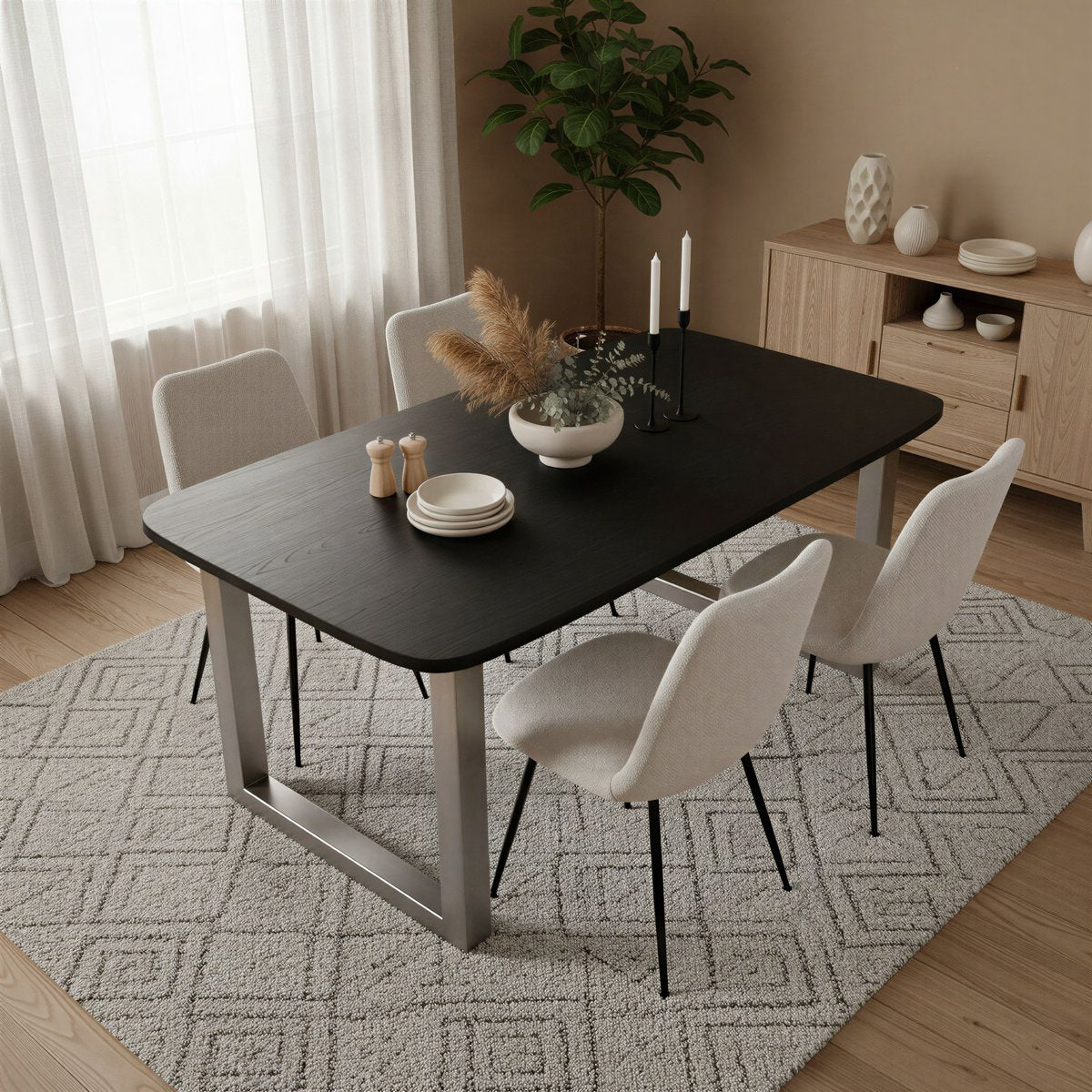 Eettafel 240x100 cm massief mangohout zwart stalen frame antiek zilver